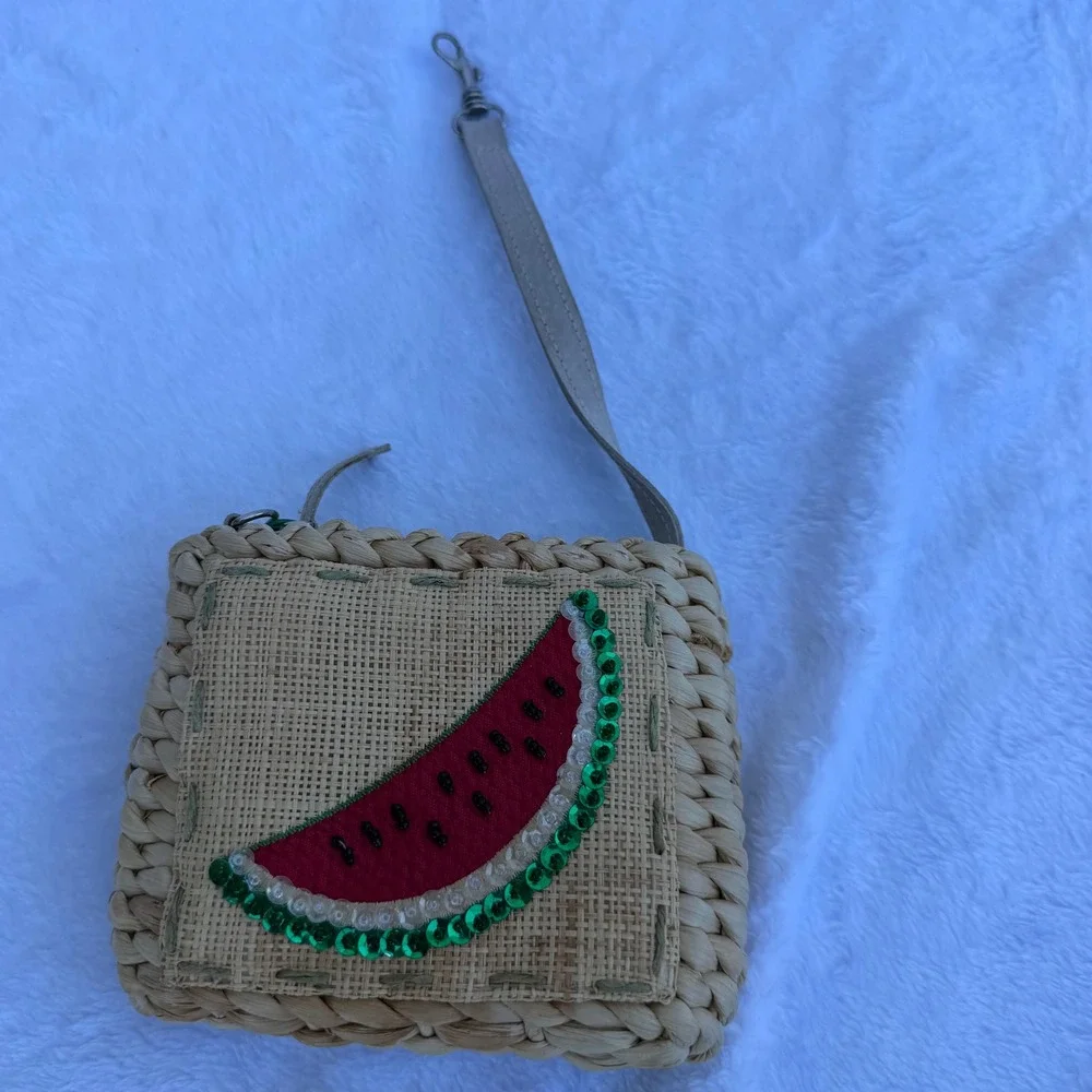 Woven Straw Watermelon Wristlet Bag Sequin Detail Green‎ Gingham Lining Small